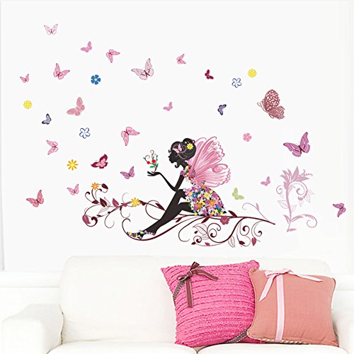 Wallpark Romantic Pink Flower Fairy Girl oslobađanje leptira uklonjiva naljepnica za zid, dnevna soba spavaća soba kućni vrtić dekoracija ljepilo uradi sam umjetnički zidni Mural