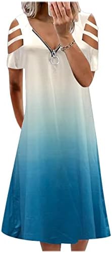 Nxxyeel kratka rukav haljina za žene Henley Zipper V-izrez Casual labava hladna ramena štampana ljetna Maxi