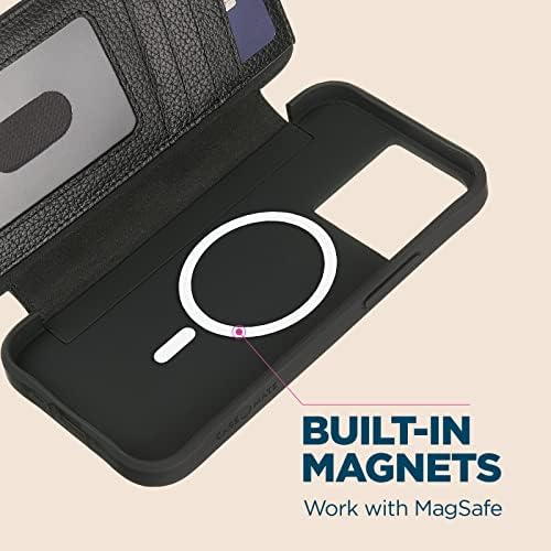 Case-Mate Wallet Folio iPhone 13 Case-Crna [10ft zaštita od pada] [kompatibilno sa MagSafe] Magnetic Flip Shockproof poklopac napravljen od prave šljunčane kože, pejzaž stalak, Cash & amp; držač za kartice