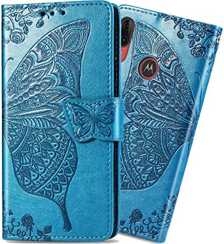 ZYZXHZD Motorola Moto E6 Plus Butterfly Flower torbica za Novčanik,PU kožna preklopna telefonska školjka, Slot za kreditne kartice i stalak otporan na udarce magnetna Zaštitna navlaka za Moto E6 Plus plava