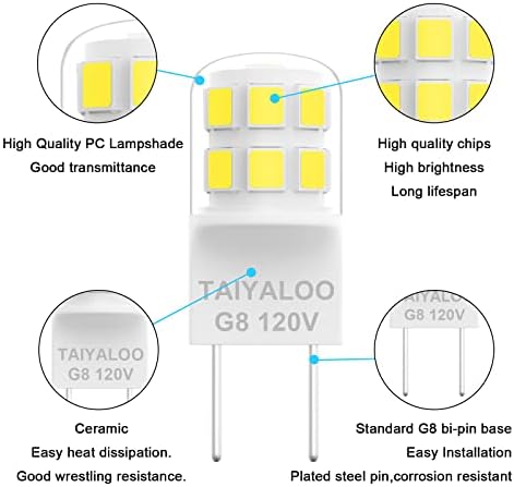 TAIYALOO Prigušive G8 LED Sijalice, zamjena halogena 20W-25W, prirodna bijela 4000k, T4 JCD tip 2-pinska baza, 120v Mini G8 sijalice za Pak svjetlo ispod ormarića, pod Counter Light