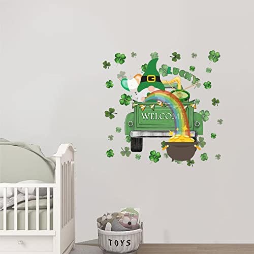 Zidni naljepnica Vinyl St. Patrick's Day Dekor naljepnice za zid irski zeleni automobil sa leprechaun Gold lonce kovanice kovališta količne i stick zidne naljepnice za dječju sobu dječjeg soban, kućni dekor 22 inča