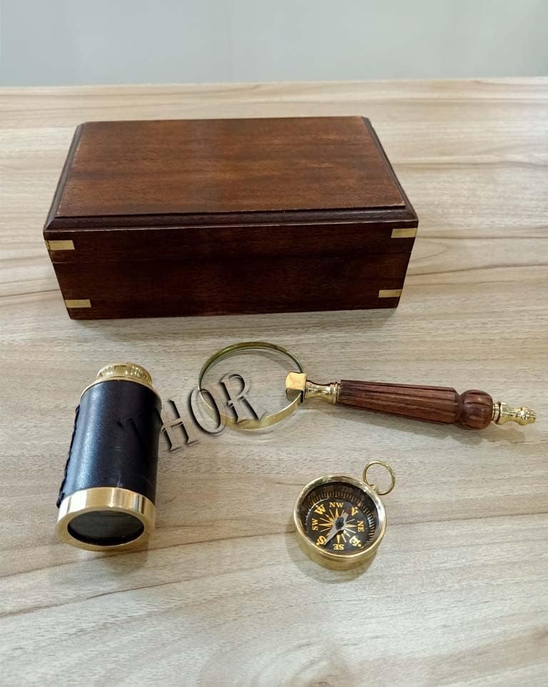 MARINE DJECKE 2 mesingani kompas s telcopeom crnom kožom, pokrajičko staklo sa morskim drvenim kutijama