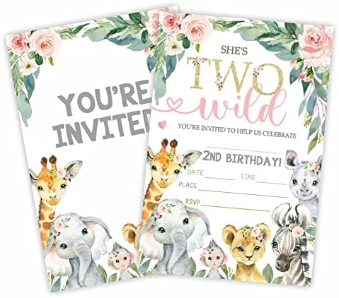 Dva pozivnica za rođendan, 2. džungl životinja pozivaju kartice (20 brojeva) sa kovertama, cvjetnim ispunjavanjem