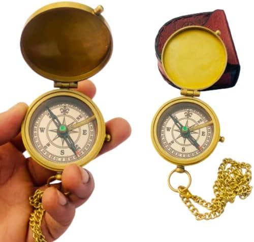 Antikni mesingani Kompas sa nautičkim džepom s kožom za nošenje, kompas s lančanim gusarima gravuravši poklon