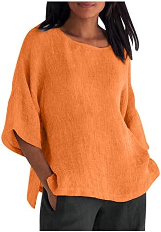 Ženska pamučna posteljina od 3/4 rukava Ljetna majica sa čvrstom bojom CATR CREW Plus size Vintage majica