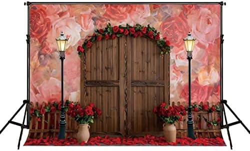 RBQOKJ 7x5f Monther's Day drvena pozadina vrata Crvena ruža Pink Florals fotografija pozadina ulična lampa