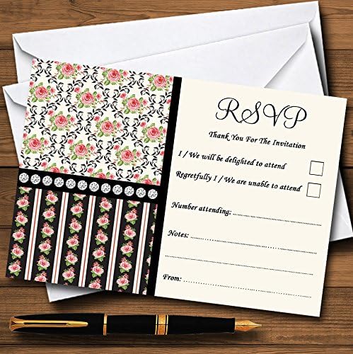 Crne i ružičaste shabby chic ruže čajne pruge Personalizirane RSVP kartice