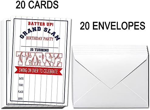 Ukebobo 3. rođendan Poziv sa kovertama - zadiranje bejzbol zabave, bejzbol zabave - 20 kartica sa kovertama (BQ-03)