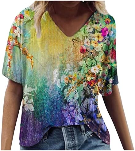 Cvjetni tiskani vrhovi za žene kratki rukav plus veličine T majice V izrez Ležerne košulje za vježbanje