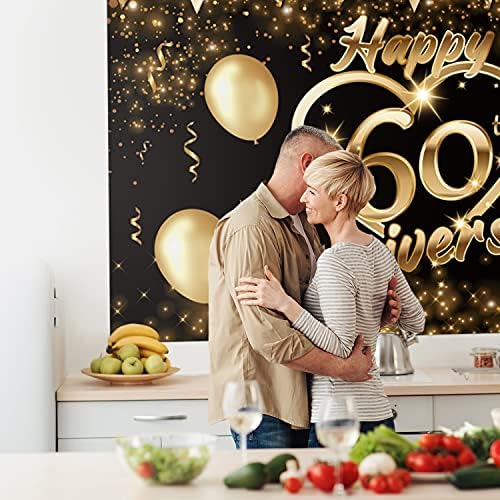 Sretna 60. godišnjica pozadina Banner Decor crno zlato-Glitter Love Heart Happy 60 godina godišnjica vjenčanja