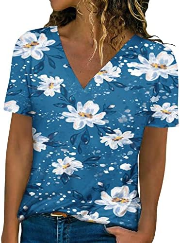 Cvjetni tiskani vrhovi za žene, ženske kratkih rukava plus veličine T majica V izrez casual košulja za vježbanje