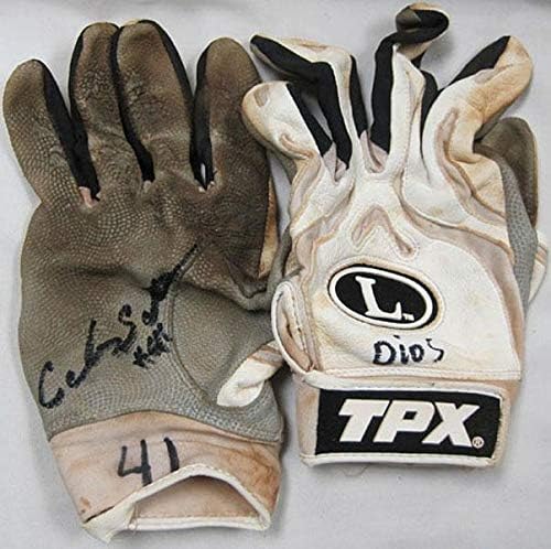 Carlos Santana autographed/Signed Cleveland Indians 2009 Game Used grey / White Batting Gloves - MLB autographed