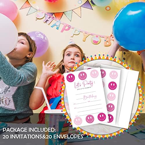 20 seta Smiley lice Preppy rođendan pozivnice sa kovertama, hajde da se zabavimo vruće ružičaste preppy